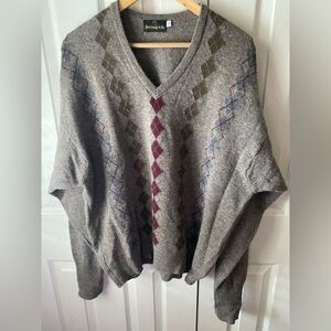 Fairclough & Co Taupe 100% Virgin Wool Ireland Argyle V-Neck Grandpa Sweater XL